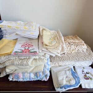 Vtg Linen Lot Embroidered Napkins Chenille Tablecloths Antique Lace Doilies